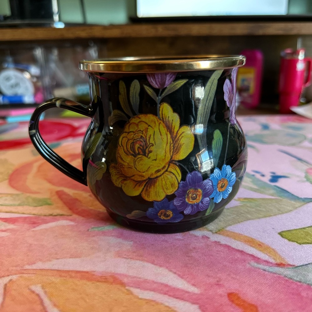 2 Mackenzie Childs black flower market  enamel coffee cups Set